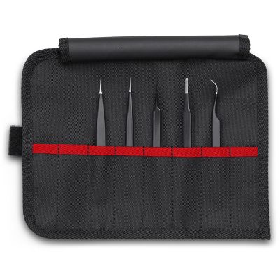 KNP920001ESD image(0) - KNIPEX 5 Pc Stainless Steel Tweezers Set in Tool Roll-ESD