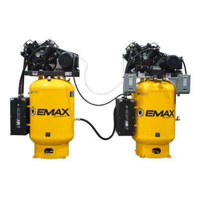 EMXESP10A120V3 image(0) - Emax Compressor Two 10HP 3ph 120 Gallon Vertical Solo Mounted Alternating Silent Air compressors-w/Pressure Lubricated pumps