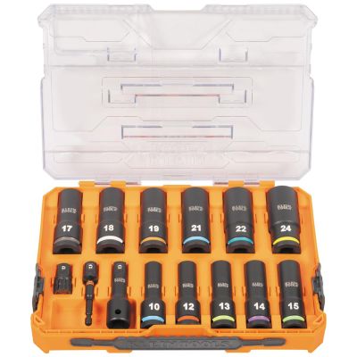 KLE65109IMPCTM image(0) - Klein Tools KNECT&trade; Deep-Well 3/8-Inch Drive Impact Socket Set, Metric, 9-Piece