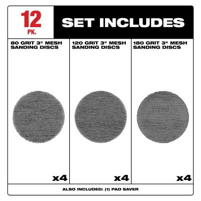 MLW48-80-6405 image(1) - Milwaukee Tool 3 Inch Assorted 80, 120, 180 Grit Mesh Sanding Discs with POWERGRID Tear Resistant Mesh &hyphen; (12 PK) + Pad Saver