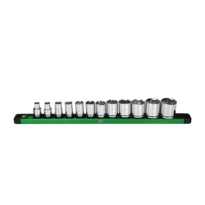 SKTSK01340 image(0) - S K Hand Tools 3/8" Drive, 12 Piece, 6 Point, Shallow, SAE Chrome Socket Set.  Packaged on a Rail