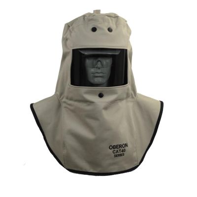 OBRCAT4-A4 image(0) - OBERON Hood with A4 Hard Hat Adapters - Arc Flash - 40 Cal CAT - Color: Khaki - Window: True Color Grey (TCG)