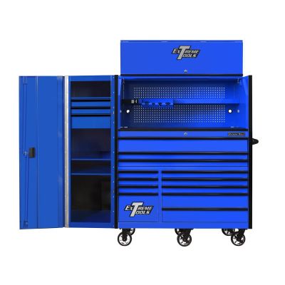 EXTRX55HRSUK image(0) - Extreme Tools RX Series 55in W x 25in D Professional Extreme Power Workstation Hutch, 12-Drawer Roller Cabinet-150 lbs Slides and 19in 3-Drawer Side Locker Combo, Blue w Black Dr Pulls