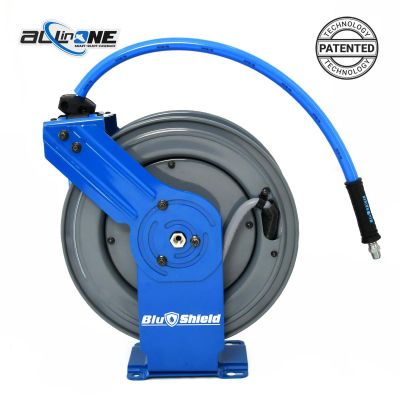 BLBPWRDA38100-AIO image(0) - BluBird BluShield All-in-One Rubber Air Hose Reel 3/8" X 100(Dual Arm ) with 6' Lead-in-Hose. Includes FreeStyle, Sshhh Tek, and Safety Rewind Features.