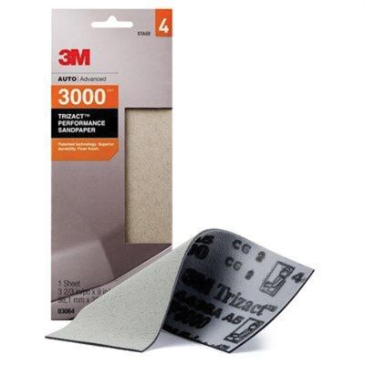 MMM3064 image(0) - 3M Trizact 03064 Sandpaper, 3-2/3 in W x 9 in L, 3000 Grit, Very Fine Grade, Aluminum Oxide Abrasive, Gray, Wet/Dry