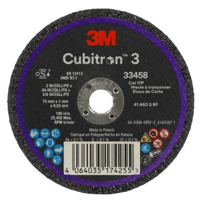 MMM33458 image(0) - 3M Cubitron 3 Cut-Off Wheel 33458, 75 mm x 1 mm x 9.53 mm, 5 EA/PK, 6 PK/CS