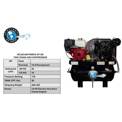 ATEMPAF13G-FPD image(2) - Atlas Automotive Equipment Air Force AF13 Gas 13HP 30 Gallon Air Compressor