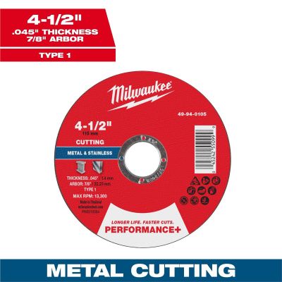 MLW49-94-0105 image(0) - Milwaukee Tool 4-1/2" x .045" x 7/8" Performance+ Metal Cut Off Wheel - Type 1