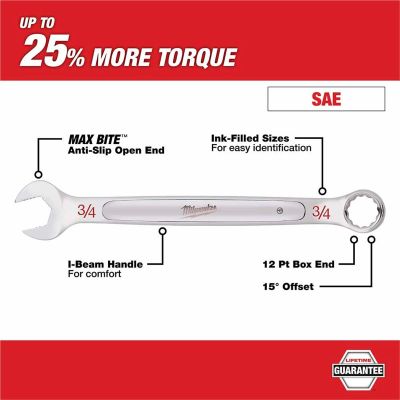 MLW45-96-9424 image(1) - Milwaukee Tool 3/4" SAE Combination Wrench, 12-Point, Steel, Chrome, Ergonomic, I-Beam Handle