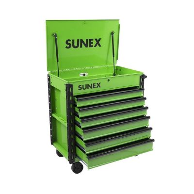 SUN8057XTLG image(0) - SUNEX 600lb Capacity Premium 6 Drawer Full Service Cart 18 Gauge Steel with Gas Shock Supported Top Bin - LIme Green