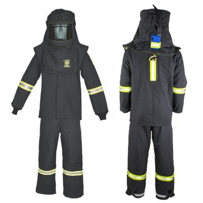 OBRTCG6B-ES-XL-HVSL image(0) - OBERON Suit Kit - Arc Flash - 100 Cal TCG  - Comes with Hood, Coat, Bib Coveralls and  Fresh Air Arc Flash Hood Ventilation System & Light - With Escape Strap - Color: Black - Size: XL