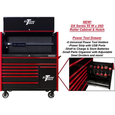 EXTDX5509HRKR image(0) - Extreme Tools DX Series 55in W x 25in D Extreme Power Workstation Hutch and 8-Drawer Roller Cabinet w Power Tool Drawer  Black w Red Drawer Pulls