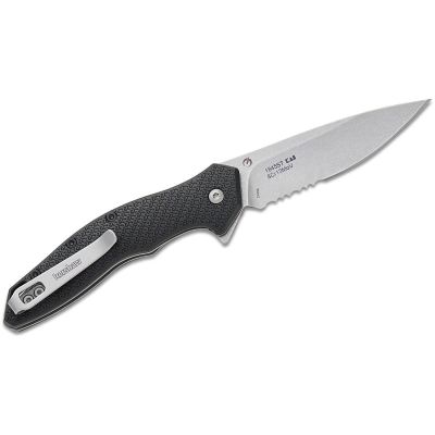 KER1845ST image(1) - Kershaw Shoreline Serrated Assisted Open Liner Lock 8Cr13MoV Drop Point Blade with Stonewashed Finish EDC Folding Pocket Knife - Black
