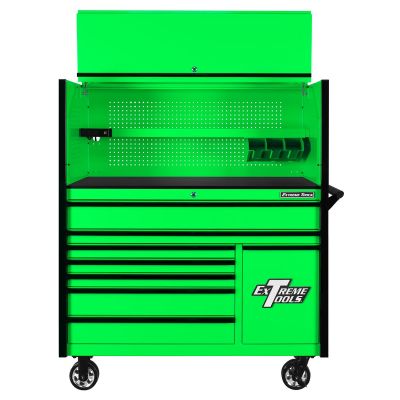 EXTDX5509HRGK image(0) - Extreme Tools DX Series 55in W x 25in D Extreme Power Workstation Hutch and 8-Drawer Roller Cabinet w Power Tool Drawer  Green w Black Drawer Pulls