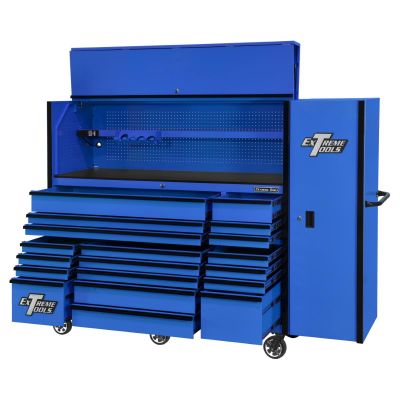 EXTRX7230HRSUK image(0) - Extreme Tools RX Series 72in W x 30in D Professional Extreme Power Workstation Hutch, 19-Drawer Roller Cabinet-250 lbs Slides and 19in 3-Drawer Side Locker Combo, Blue w Black Dr Pulls