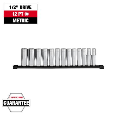 MLW48-22-9524 image(0) - Milwaukee Tool 13pc 1/2 inch Drive 12-Point Deep Well Metric Socket Set