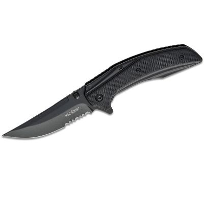 KER8320BLKST image(0) - Kershaw Outright Serrated Assisted Open Frame Lock 8Cr13MoV Trailing Point Blade with Black PVD coating EDC Folding Pocket Knife - Black