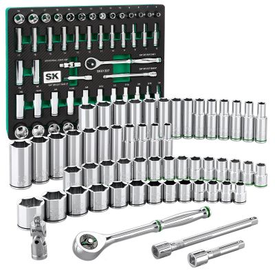 SKTSK01307-216P image(0) - S K Hand Tools 3/8" Drive, 56 Piece, 6 Point, Shallow & Deep, SAE & Metric Chrome Socket Set with 216P Ratchet, Packaged in EVA Foam Tray