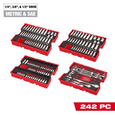 MLW48-22-9490 image(0) - Milwaukee Tool 242 Piece 1/4 Inch, 3/8 Inch, and 1/2 Inch Drive Metric and SAE Ratchet and Socket Set with Trays for PACKOUT Drawers
