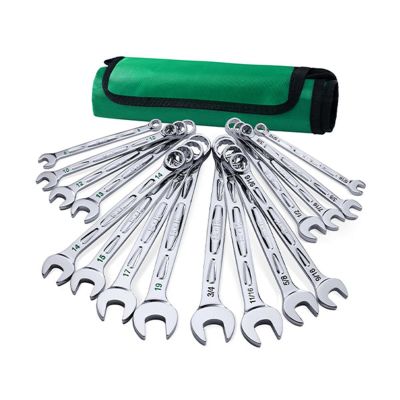 SKTSK01368 image(0) - S K Hand Tools 16 Piece, 12 Point, SAE & Metric Chrome Combination Wrench Set.  Packaged in a Roll