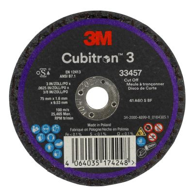 MMM33457 image(0) - 3M Cubitron 3 Cut-Off Wheel 33457, 75 mm x 1.6 mm x 9.53 mm, 5 EA/PK, 6 PK/CS