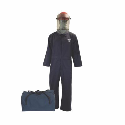 OBRHRC2-CCE-NB-M image(0) - Oberon Bag Kit - Arc Flash - 8 Cal HRC2™ - Comes With Coveralls, Canadian Hard Cap, Face Shield, Balaclava & Storage Bucket - Color: Navy Blue - Size: Medium