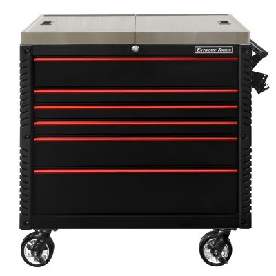 EXTEX4106TCSBKRD image(0) - Extreme Tools EX Professional Series 41 Inch 6 Drawer Sliding Top Tool Cart  with stainless steel work surface - Black with Red Drawer Pulls