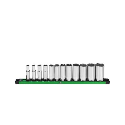 SKTSK01346 image(0) - S K Hand Tools 3/8" Drive, 12 Piece, 6 Point, Deep, SAE Chrome Socket Set.  Packaged on a Rail