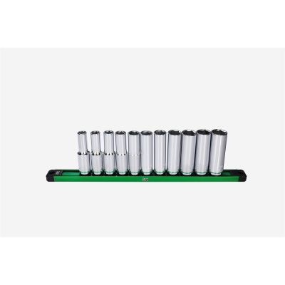 SKTSK01349 image(0) - S K Hand Tools 1/2" Drive, 11 Piece, 6 Point, Deep, Metric Chrome Socket Set.  Packaged on a Rail