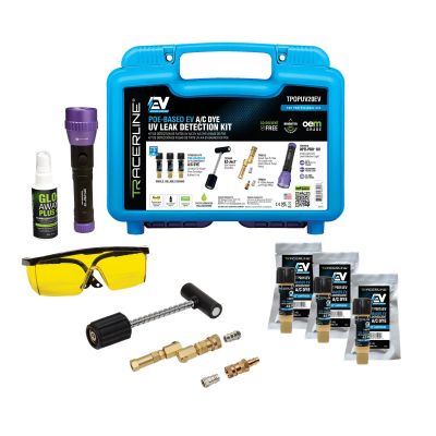 TRATPOPUV20EV image(0) - Tracer Products Mini-EZ™ POE-Based EV A/C Leak Detection Kit includes (3) 0.25 oz (7 ml) single-dose EV A/C dye cartridges, TPOPUV OPTI-PRO UV flashlight, R-134a coupler, R-1234yf adapter, GLO-AWAY™ Plus, glasses, and 