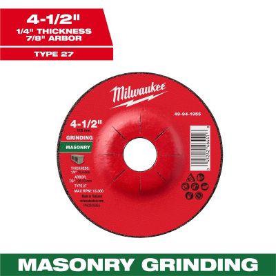 MLW49-94-1955 image(0) - Milwaukee Tool 4-1/2" x 1/4" x 7/8" Masonry Grinding Wheel - Type 27