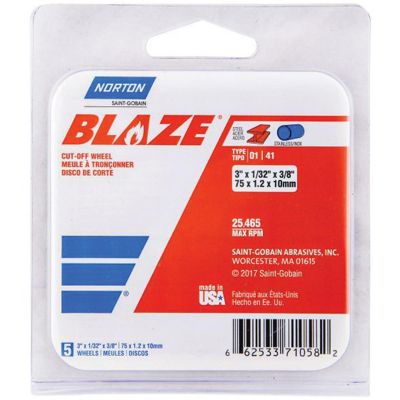 NOR71058 image(0) - Norton Blaze 71058 Cut-Off Wheel, 3 in Dia, 1/32 in THK Wheel, 3/8 in Center Hole, 25465 rpm