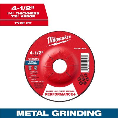 MLW49-94-0605 image(0) - Milwaukee Tool 4-1/2" x 1/4" x 7/8" Performance+ Metal Grinding Wheel - Type 27