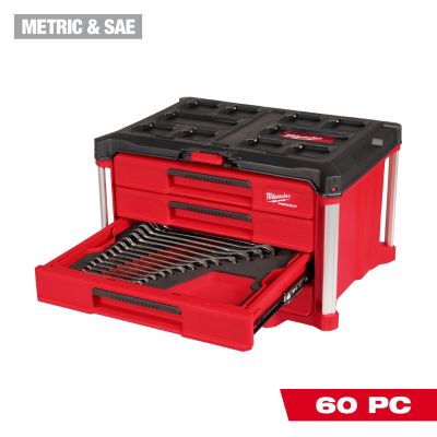 MLW48-22-9492 image(0) - Milwaukee Tool 60 Piece Metric and SAE Combination Wrench Set with PACKOUT 4 Drawer Tool Box