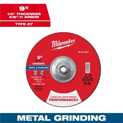 MLW49-94-0647 image(0) - Milwaukee Tool 9" x 1/4" x 5/8"-11 Performance+ Metal Grinding Wheel - Type 27