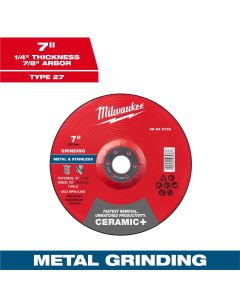 MLW49-94-0733 image(0) - Milwaukee Tool 7" x 1/4" x 7/8" Ceramic+ Metal Grinding Wheel - Type 27