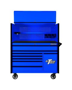 Extreme Tools DX Series 55in W x 25in D Extreme Power Workstation Hutch and 8-Drawer Roller Cabinet w Power Tool Drawer  Blue w Black Drawer Pulls