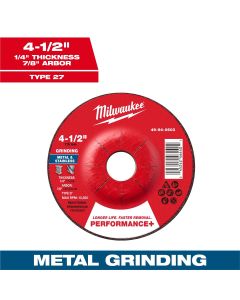 MLW49-94-0603 image(0) - Milwaukee Tool 4-1/2" x 1/4" x 7/8" Performance+ Metal Grinding Wheel - Type 27
