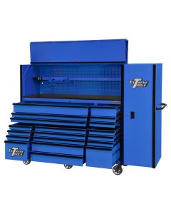 EXTRX7230HRSUK image(0) - Extreme Tools RX Series 72in W x 30in D Professional Extreme Power Workstation Hutch, 19-Drawer Roller Cabinet-250 lbs Slides and 19in 3-Drawer Side Locker Combo, Blue w Black Dr Pulls