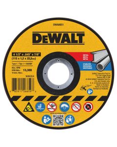 DWTDWA8051 image(0) - DeWalt 4-1/2 Inch x .045 Inch x 7/8 Inch Type 1 Metal Cutting Wheel