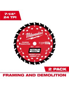 MLW48-40-0752 image(0) - Milwaukee Tool 7-1/4 inch 24T NITRUSCarbideFraming & Demolition Circular Saw Blade &hyphen; 2 PK