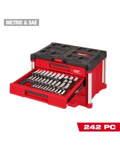 MLW48-22-9491 image(0) - Milwaukee Tool 242 Piece 1/4 3/8 1/2 Inch Drive Metric and SAE Ratchet and Socket Set with Packout 4 Drawer Tool Box