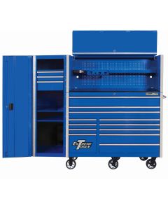 EXTRX55HRSUC image(0) - Extreme Tools RX Series 55in W x 25in D Professional Extreme Power Workstation Hutch, 12-Drawer Roller Cabinet-150 lbs Slides and 19in 3-Drawer Side Locker Combo, Blue w Chrome Dr Pulls