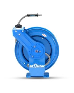 BLBPWR3850-AIO image(0) - BluBird BluShield All-in-One Rubber Air Hose Reel 3/8" X 50(Dual Arm ) with 6' Lead-in-Hose. Includes FreeStyle, Sshhh Tek, and Safety Rewind Features.