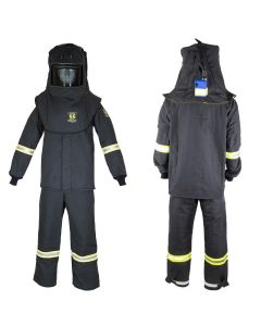 OBRTCG55B-S-HVSL image(0) - OBERON Suit Kit - Arc Flash - 55 Cal TCG - Comes with Hood, Coat, Bib Coveralls and  Fresh Air Arc Flash Hood Ventilation System & Light - Color: Black - Size: Small