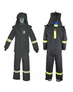 OBRTCG6B-ESL-L-HVSL image(0) - OBERON Suit Kit - Arc Flash - 100 Cal TCG  - Comes with Hood, Coat, Bib Coveralls and  Fresh Air Arc Flash Hood Ventilation System & Light - With Escape Strap - With Leg Zippers - Color: Black - Size: Large