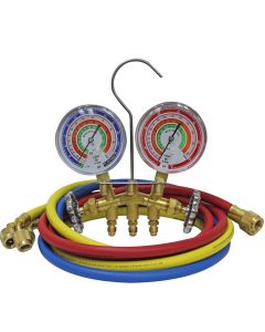Mastercool R410A, R22, R404A 2-Way Brass Manifold Gauge Set includes 3 &hyphen; 36? R410A hoses with standard 1/4? SAE fittings packaged in a clamshellBALL VALVE MANIFOLD R22