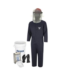 Oberon Suit Kit - Arc Flash & Shock  - 8 Cal HRC2&trade; -  Electric Vehicle - TCG Arc Flash Face Shield w/Hard Cap, Balaclava, Coverall with Escape Strap, Safety Glasses, Earplugs, Storage Bucket, Class 0 Glove Kit - Size: Large - 9, Coverall - Size: Reg