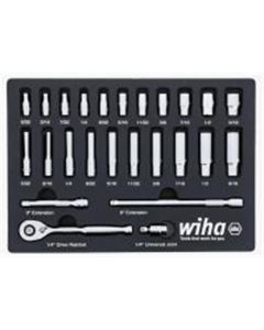 Wiha Tools Set Includes - 11 Standard Sockets 5/32&rdquo; - 9/16&rdquo; | 10 Deep Sockets 5/32&rdquo; - 9/16&rdquo; | 1/4&rdquo; Drive Ratchet 72 Tooth | 1/4&rdquo; Drive Extension Bars 3&rdquo;, 6&rdquo; | 1/4&rdquo; Drive Universal Joint
