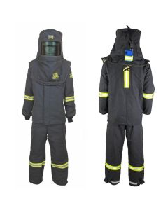 OBRTCG7B-ES-4XL-HVSL image(0) - OBERON Suit Kit - Arc Flash - 140 Cal TCG - Comes with Hood, Coat, Bib Coveralls and Fresh Air Arc Flash Hood Ventilation System & Light - With Escape Strap - Color: Black - Size: 4XL
